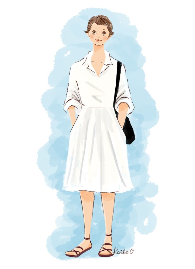 白いワンピースの夏ファッション女性イラスト
