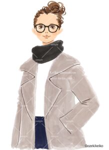 メガネのお団子ヘア女性の冬ファッションイラスト