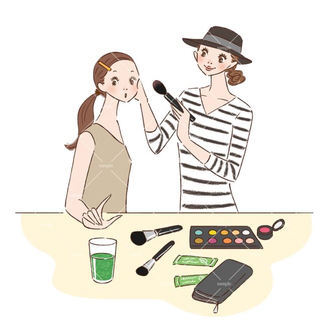 女性メイクさんと青汁を飲もうとする女性のイラスト