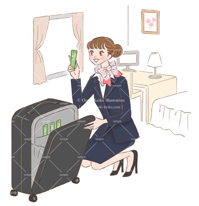 出張先で青汁を手にするキャビンアテンダントの女性イラスト