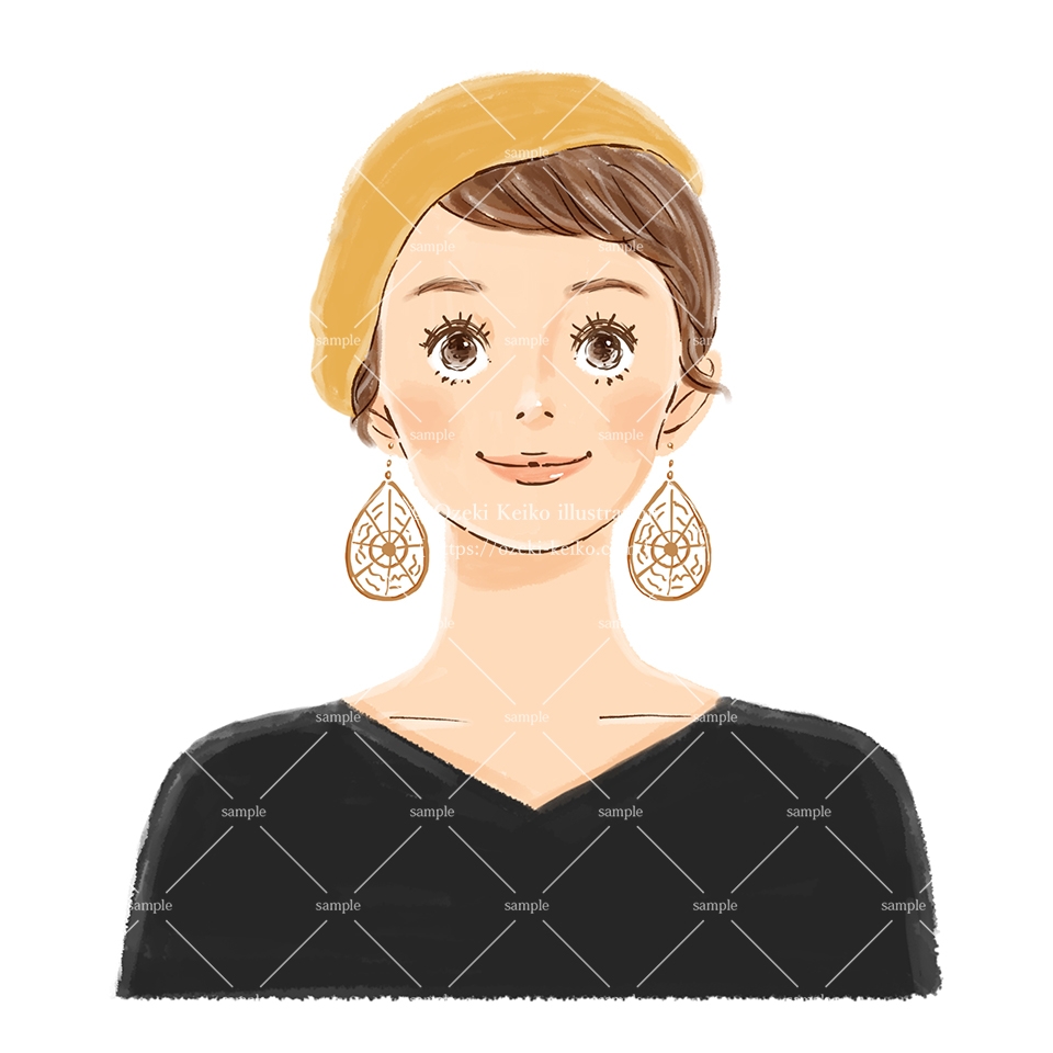 黄色いベレー帽をかぶった女性似顔絵イラスト